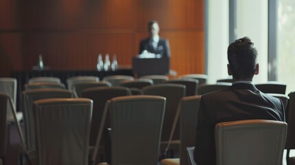 An empty conference room with a single person seated, focusing on the speaker at the podium, signifying preparation or thoughtful contemplation.