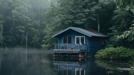 A charming blue lakeside cabin surrounded by dense forest, shrouded in gentle morning fog, reflecting off the still water of the lake.