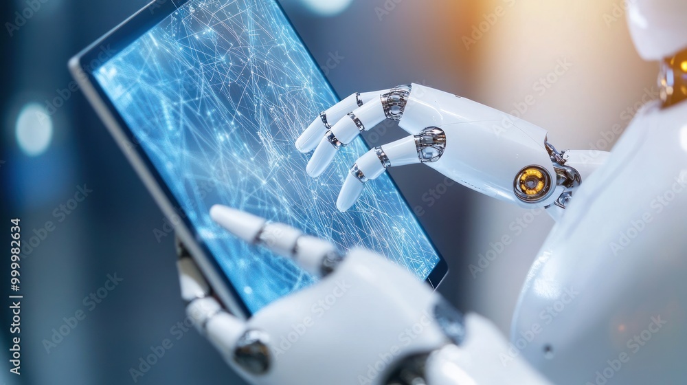 Poster a robotic hand interacts with a digital tablet displaying abstract data connections.