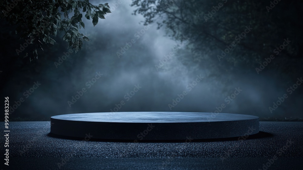 Poster a dark, misty scene featuring a circular platform in a forested environment.
