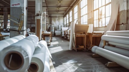 Well-lit industrial warehouse with paper rolls and sunlight streaming through large windows, showcasing the organized and clean environment.