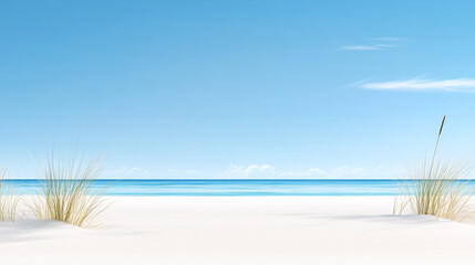 A serene beach scene with white sand, clear blue water, and a few blades of grass in the foreground.  The sky is a bright blue with a few wispy clouds.