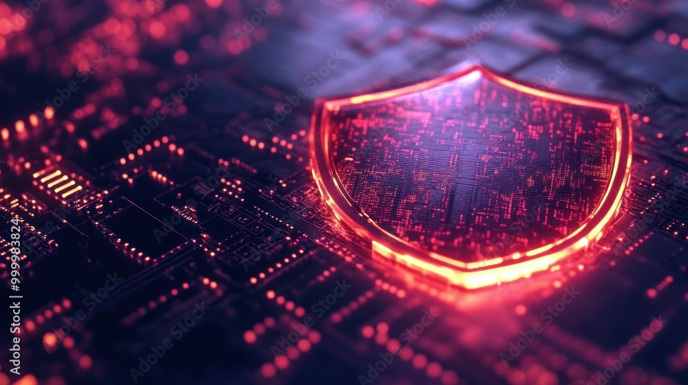 Aufkleber digital shield symbolizing cybersecurity on a circuit board background.