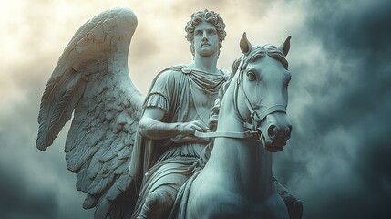 Ancient Greek statue of Greek god Apollo riding a winged horse, classical depiction of the Greek deity. Majestic sculpture of Apollo in marble, symbolizing power and grace.