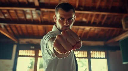 Man in a white shirt is punching towards the camera.