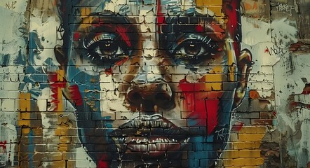 Mosaic of emotions: a fragmented image on a weathered wall where art meets decay in a symphony of colors.