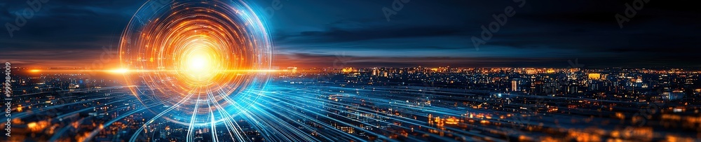 Poster a stunning futuristic cityscape showcasing vibrant light trails and energy orbs, creating a mesmeriz