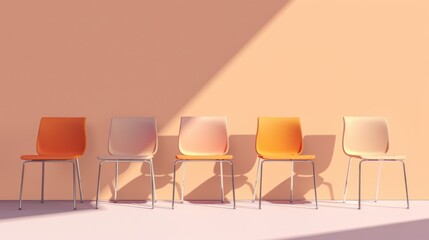 Fototapeta premium Five vibrant orange and light pink chairs in a row against a bright wall, illuminated by diagonal sunlight, casting dynamic shadows on the floor.