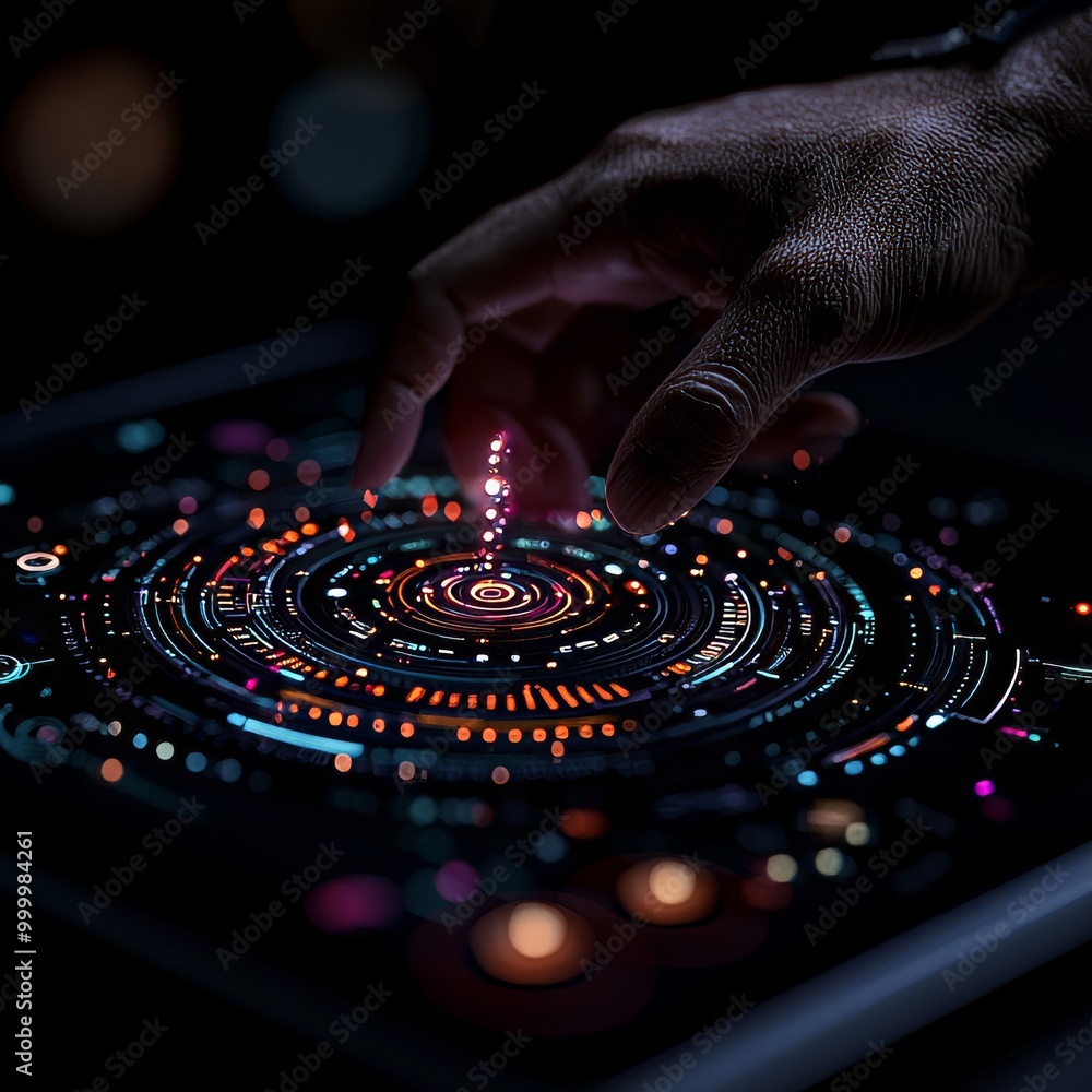 Poster futuristic interface with hand touching digital display