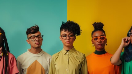 A group of five individuals standing side-by-side, each distinct yet connected, with a striking yellow and green background emphasizing diversity and unity.