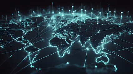 Fototapeta premium A glowing network of lines and dots representing global connectivity, forming the shape of the world map against a dark background.