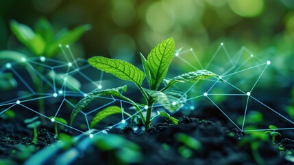 A young plant growing from soil is connected by digital nodes, symbolizing the fusion of technology and nature for sustainable growth.