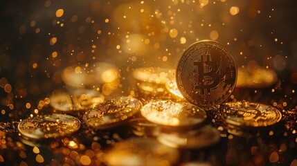 A shining Bitcoin coin sits prominently in a pile of coins, surrounded by glittering golden particles, symbolizing cryptocurrency wealth.