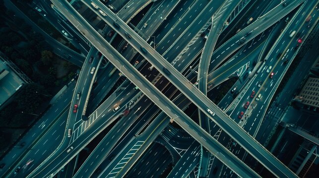 A well-organized aerial view of a complex highway interchange, nestled within a mix of urban greenery and bustling roadways.