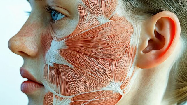 The image shows the side view of a young woman with blonde hair, showcasing detailed facial muscles. It appears academic, for anatomical study. The background is light, adding focus to her face.