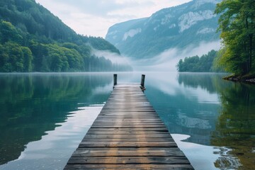 Fototapeta premium A serene wooden pier stretches into a still lake surrounded by misty mountains and lush green forests, creating a peaceful scene.