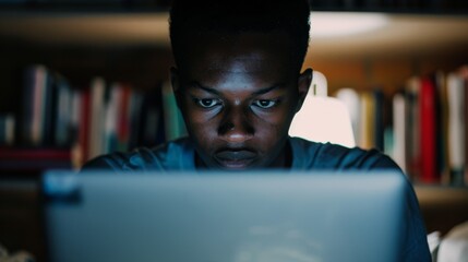 A focused individual works intently on a laptop amidst a cozy environment filled with books and ambient lighting.