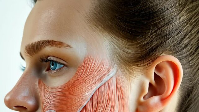 A close-up view of a young woman's face with blue eyes, showcasing an anatomical illustration of visible facial muscles on the side. The mood is educational and the background is neutral.