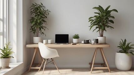 Fototapeta premium desk with laptop, cup of coffee and plants in bright modern space.