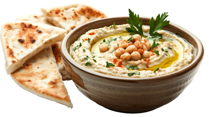 A bowl of creamy hummus with olive oil drizzle and pita bread, solated on transparent background, PNG file