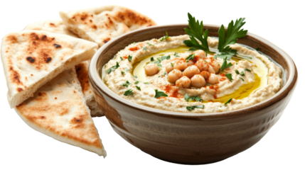 A bowl of creamy hummus with olive oil drizzle and pita bread, solated on transparent background, PNG file
