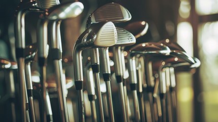 Rows of gleaming golf clubs stand upright in a well-lit setting, reflecting a neatly organized, polished environment for avid golfers and sports enthusiasts.