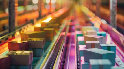A glowing assembly line carries an array of colorful boxes, conveying a sense of technological advancement and efficiency.