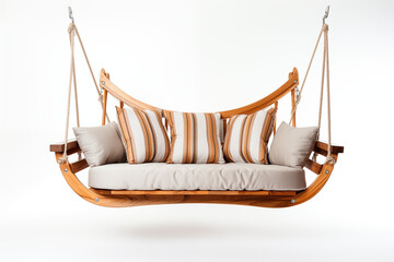 white swing sofa with no embellishments, suspended by thin, nearly invisible metal chains. The background is a blank white space, with the focus entirely on elegant simplicity of  sofa&rsquo;s clean lines