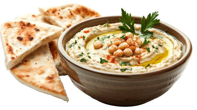 A bowl of creamy hummus with olive oil drizzle and pita bread, solated on transparent background, PNG file