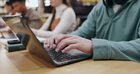 Research, typing and laptop with hands of student in library for knowledge, education and college thesis. Academy, future and university with person and studying for exam, project and scholarship