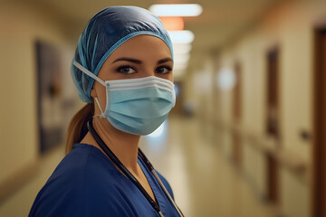 A nurse in scrubs, wearing a face mask, standing in a hospital hallway, looking into the camera with a reassuring smile