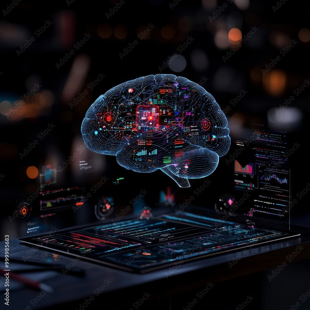 Aufkleber digital brain hologram on tablet with data analysis