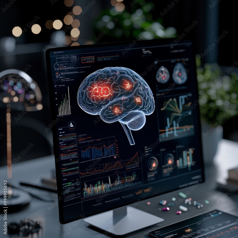 Aufkleber brain scan analysis on computer monitor