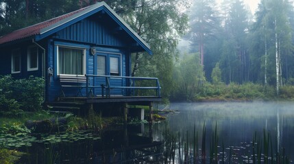 Obraz premium A quaint blue lakeside cabin surrounded by misty trees and calm water, showcasing serene nature and tranquility.