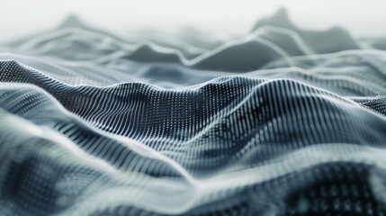 Abstract landscape resembling digital topography, with wave-like forms created by intricate patterns of dots, evoking a futuristic feel.