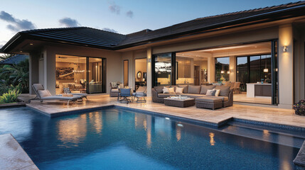 Fototapeta premium A large, elegant pool and patio area of an upscale home in Hawaii at dusk with ambient lighting
