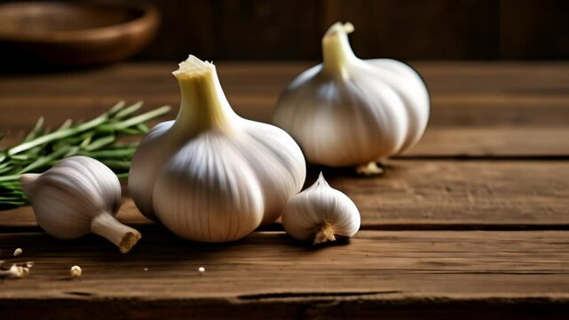  Fresh garlic bulbs on rustic wooden table ready for cooking