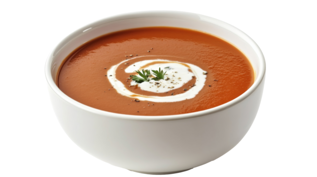 A bowl of creamy tomato soup with a swirl of cream, solated on transparent background, PNG file