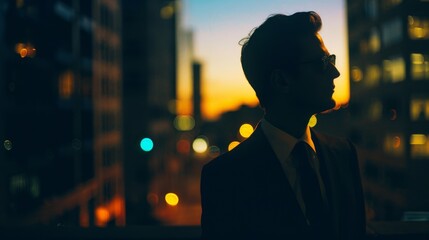 Man silhouetted against the backdrop of a city at dusk, with a blend of soft and vibrant lights creating a contemplative atmosphere.