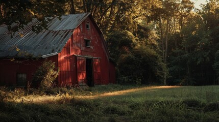 Obraz premium A weathered red barn bathed in the warm glow of late afternoon sunlight, nestled among tall trees, evoking a sense of nostalgia and rustic charm.