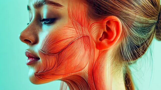 A detailed anatomical illustration shows the facial muscles of a young Caucasian woman with blonde hair. Set against a simple background, the afternoon light highlights the intricate muscle