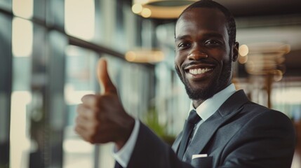 Fototapeta premium A smiling man in a suit giving a thumbs-up amidst background lighting in an office, portraying confidence and professionalism.