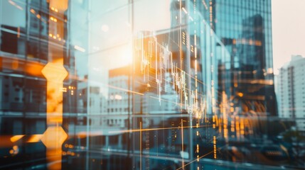 A futuristic cityscape with a blend of glass buildings and digital financial data, symbolizing the merge of urban architecture and modern technology.