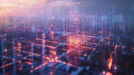 An abstract digital glowing cityscape with floating geometric shapes and interconnected lines, illustrating the concept of smart cities and advanced technology.