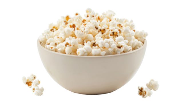A bowl of fresh popcorn, solated on transparent background, PNG file
