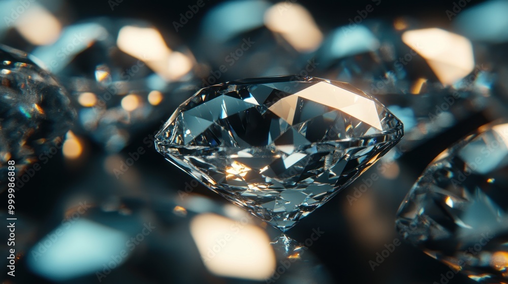 Poster a close-up view of sparkling diamonds reflecting light in an elegant display.