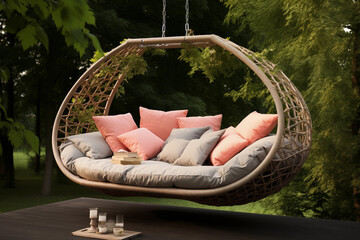A luxurious, modern swing sofa with soft, plush cushions, suspended by sleek metal chains. lush garden , colorful flowers, greenery,  warm sunlight casting shadows,swing has a wooden canopy for shade.