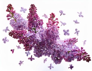 Fresh lilac blossom beautiful purple flowers falling in the air isolated on white background