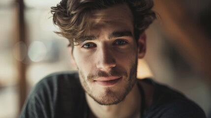 Fototapeta premium A cheerful, close-up portrait of a smiling man in a casual setting, highlighting his friendly and approachable demeanor.