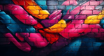 Fototapeta premium This vibrant graffiti artwork on a brick wall showcases an abstract design with dynamic streaks of yellow, pink, and blue paint.